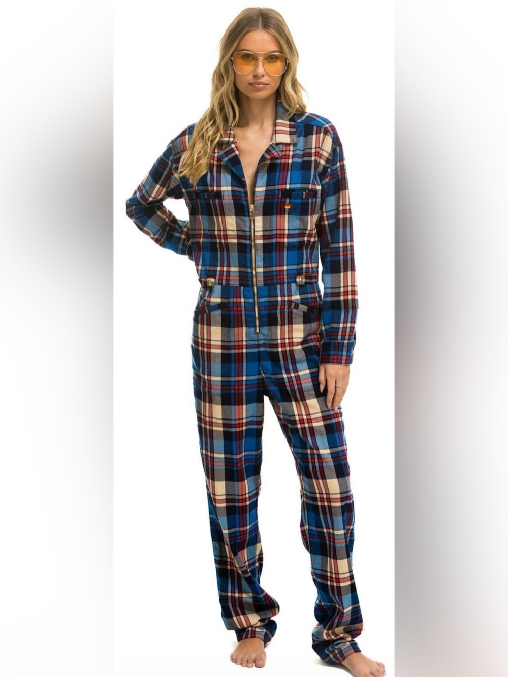 Aviator Nation Blue Red Cream Plaid Zip-Front Jumpsuit